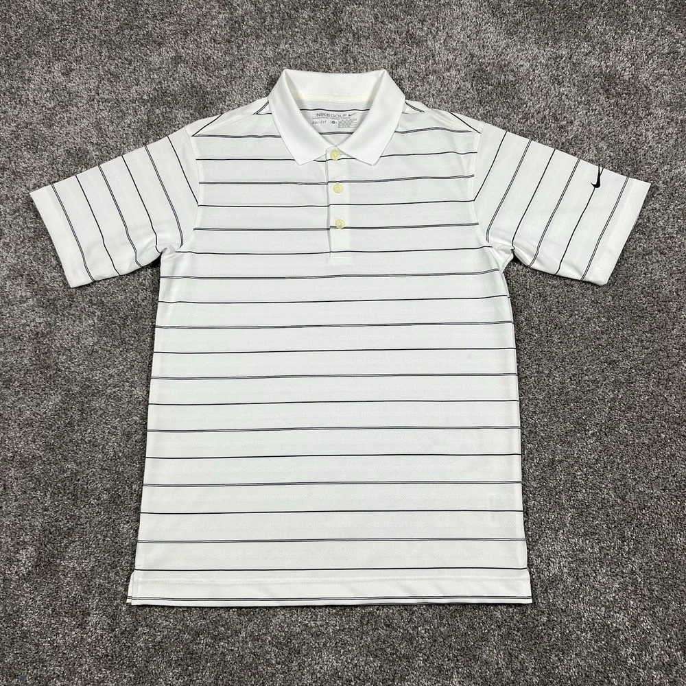 Nike Golf White Striped Polo Youth Large Dry Fit Short Sleeve Kids Size Boys New